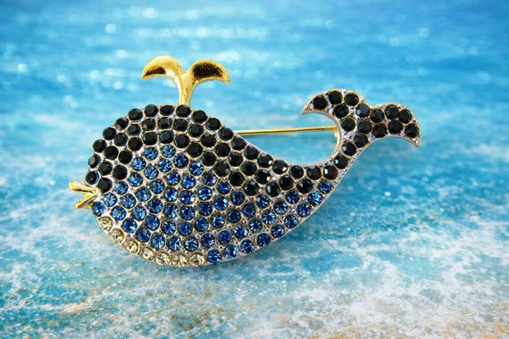 Whale Brooch Dark Blue Light Blue Clear Rhinestones Gold Tone FREE SHIPPING