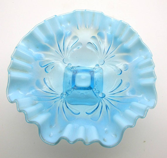 Jefferson Northwood Glass Blue Opalescent Fan Pattern Footed Crimped Bowl