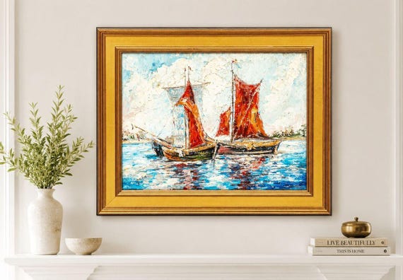 MCM Nautical Marine Seascape Oil Painting Two Red Sailboats Framed
