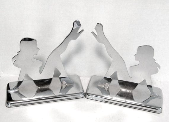 Vintage Chrome Nude Pin-up Girl Bookends Art Deco Revival 1980s Sarsaparilla