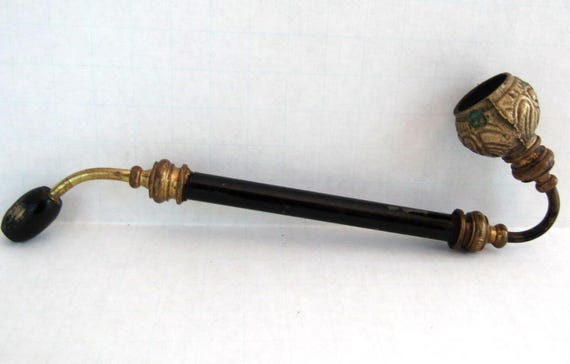 Antique Asian Long Metal Smoking Pipe Patina Decorative Brass Bowl Collectible