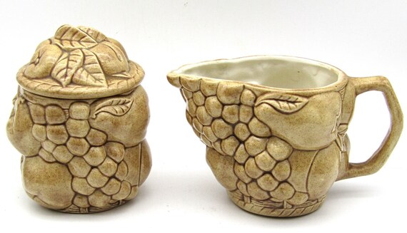 Fun Studio Ceramics Creamer and Sugar Fruit Design Marked JH '73