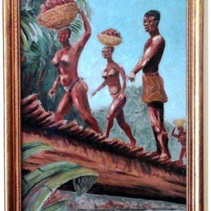 May include: An oil painting in a gold frame depicting three figures walking across a large fallen log. The figures carry woven baskets on their heads against a light blue sky and green foliage. The scene includes a body of water below the log.