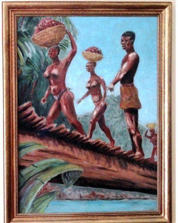 Vintage MCM Tribal Folk Art Oil Painting - Signed M.R. Stein NYC - The Headman