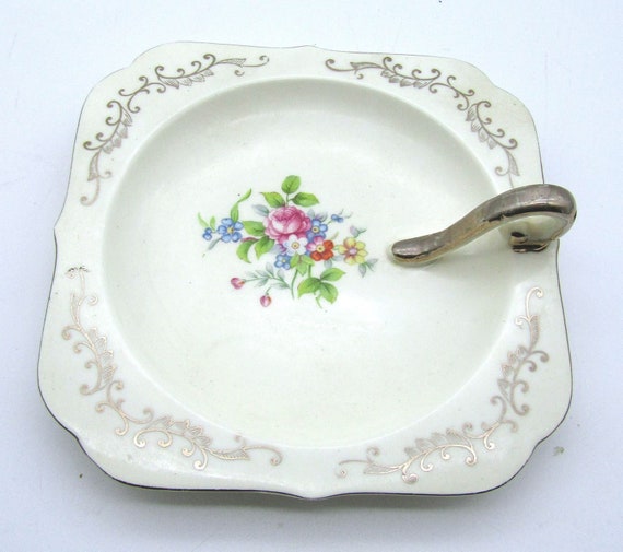 Hotta Yu Shoten Co Candy Dish W/ Handle Floral Hand painted Silver Accents 1920s