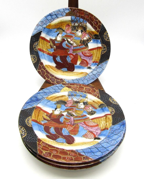 Satsuma Moriage Dessert Plates Samurai Hand Painted Raised Design Marked (4)