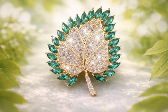 Emerald Green Clear Rhinestone Leaf Brooch Gold Tone, Sparkly FREE SHIPPING