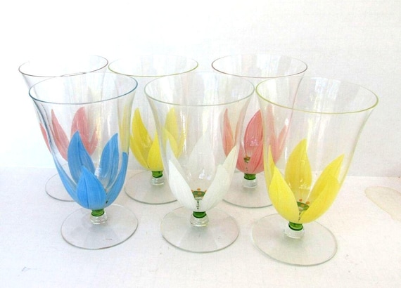 Vintage Hand Painted Tulip Glassware Set of 6 Rainbow Floral Goblets