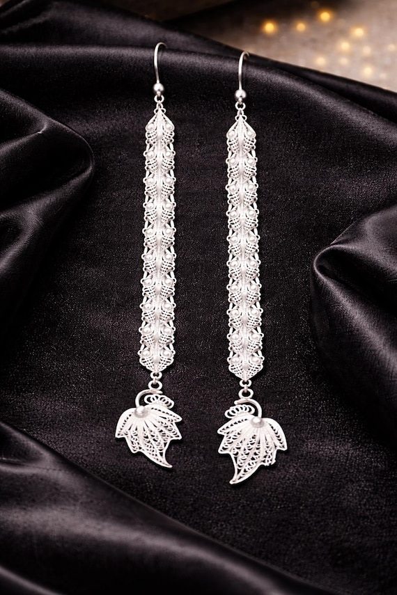 Stunning 8" Sterling Silver Filigree Leaf Dangle Earrings 9.25