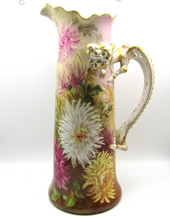 JPL Limoges Large Pitcher Tankard Hand Painted Dragon Handle Artist Signed