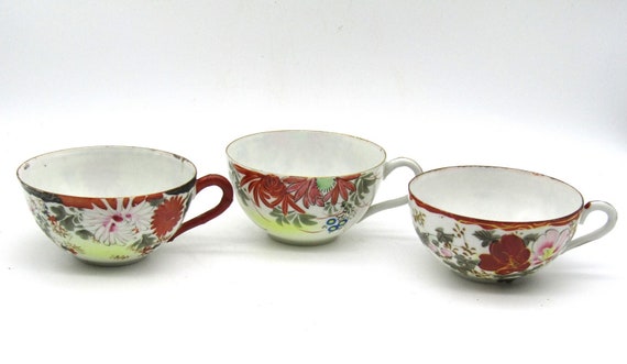 Set of 3 Japanese Cups Eggshell Porcelain Hand Painted Floral and Bird Antique