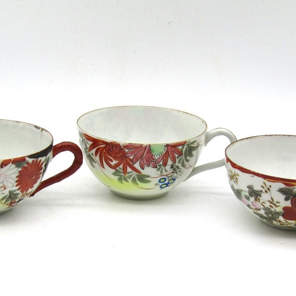 Set of 3 Japanese Cups Eggshell Porcelain Hand Painted Floral and Bird Antique