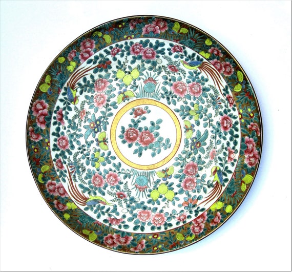 Chinese Qing Famille Verte Charger Platter Lotus Butterflies Imperial Mark 18"