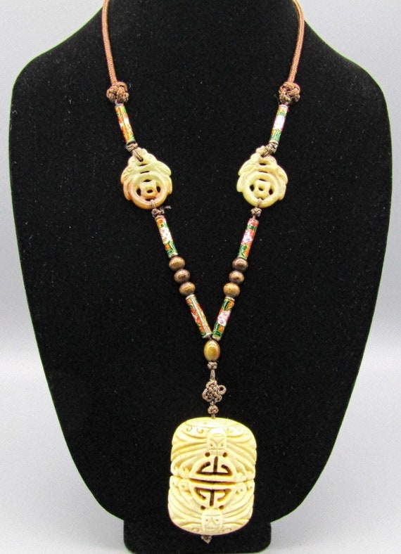 Chinese Necklace w/ Caved Bone Jade and Cloisonné ONE OF A KIND