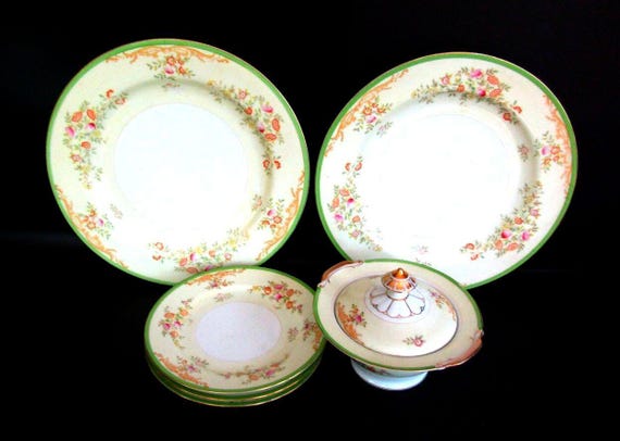 Rare Vintage MS Japan Porcelain Covered Cream Soup Bowl Dinner Plates 5pc Set