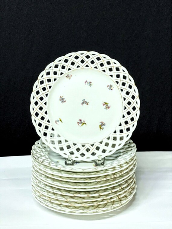 Antique Charles Ahrenfeldt Reticulated Dessert Plates Circa 1880 (set of 11)