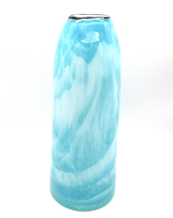Pretty Pale Blue and White Vase Art Glass Vase Tall with Black Rim 12" Tall