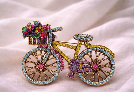 Rhinestone Bicycle Brooch Flower Basket Gold Tone Colorful Crystal