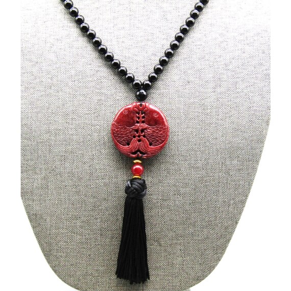 Chinese Red Jade Necklace With Black Onyx Beads and 14k Spacer Beads OOK