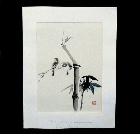 Vintage Japanese Woodblock Print Sparrows and Bamboo Chikanobu C Kano Matted