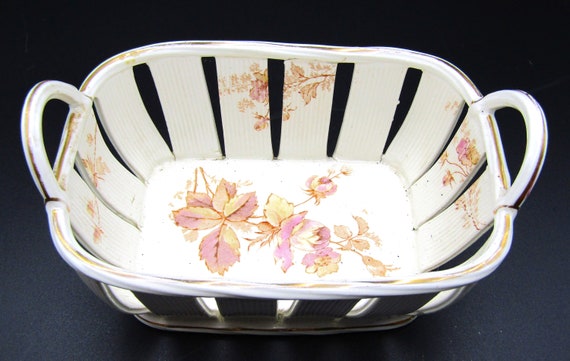 Porcelain Open Basket Twisted Porcelain Rims Gold Gilt Floral  Made In Austria
