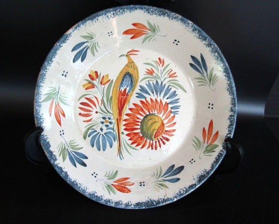 Henriot Quimper France 114 Hand Painted Bird Faience Plate Vintage