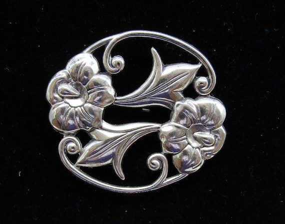 Sterling Silver Brooch Flowers Oval Double Flower Art Nouveau