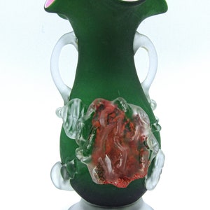 Murano Vase Applied Flower and Handles Cased Glass Green Pink Murano Art Glass