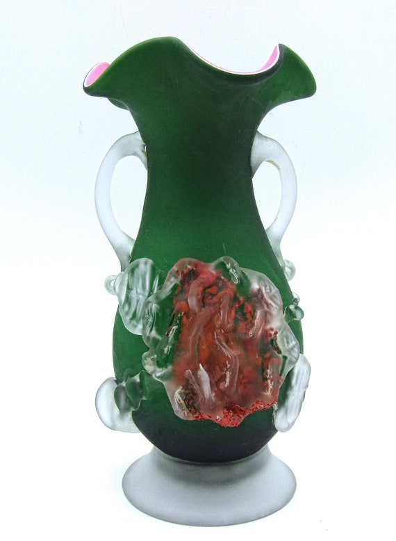 Murano Vase Applied Flower and Handles Cased Glass Green Pink Murano Art Glass