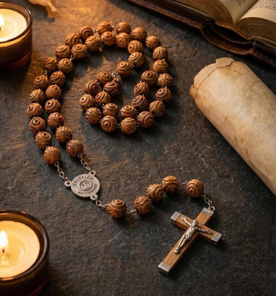 Vintage Rosary Rose Carved Olive Wood Beads Marked Jerusalem 42"
