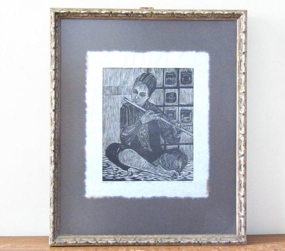 Ruth Leaf "Flute Player" Signed Woodcut Print 2nd State 145/150 Mid Century Art