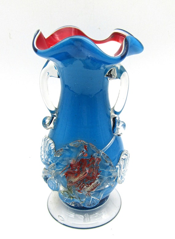 Murano Vase Applied Flower and Handles Cased Glass Blue Red White Murano Art Glass