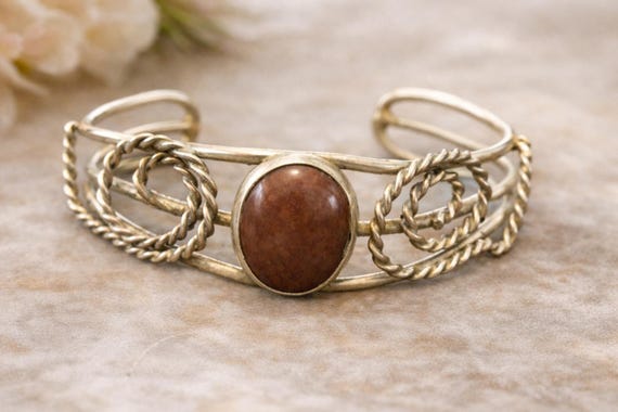 Vintage Alpaca Mexico Cuff Bracelet w/ Brown Stone (Purple Hue) | 22g