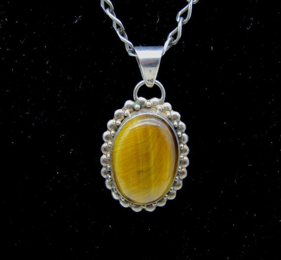 Vintage Native American Style Tiger's Eye Pendant Necklace Sterling Silver
