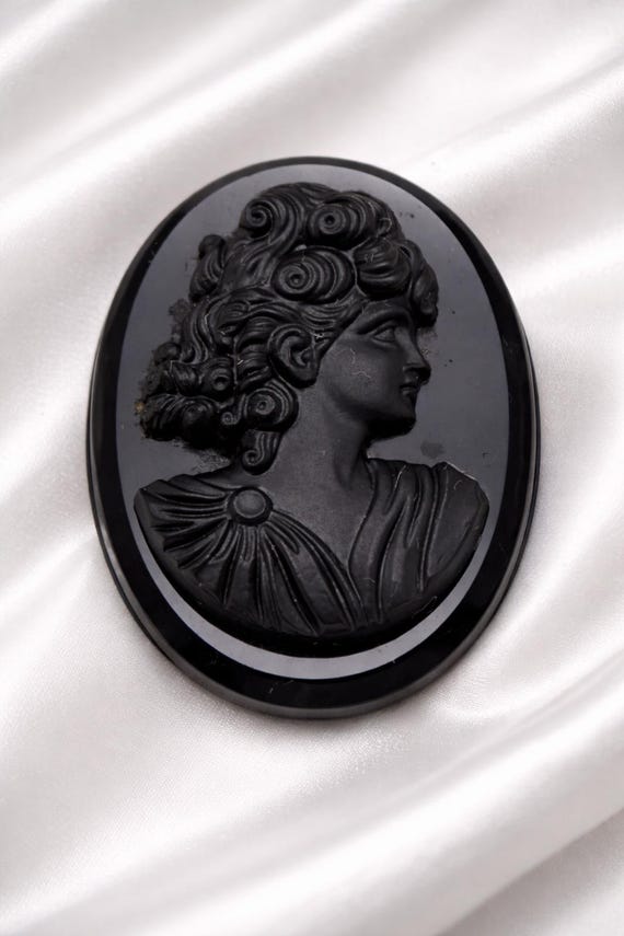 Unmounted Black Onyx Cameo Stone Victorian Woman Profile Beveled Edge 19C