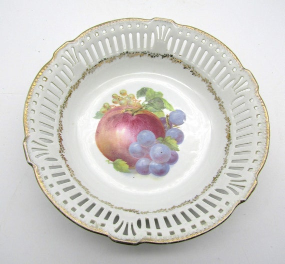 Reticulated Bowl Made in Germany with Hand Painted Apple and Grapes