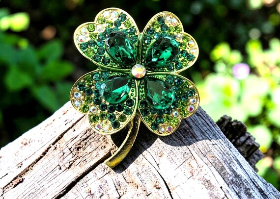 St. Patrick's Day Lucky Green Crystal Four-Leaf Clover Brooch