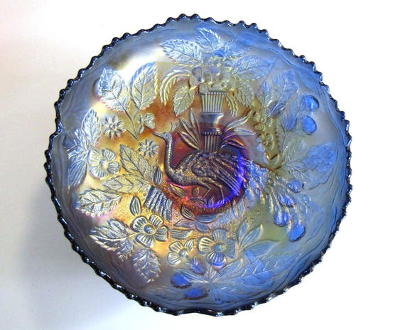 Fenton Carnival Glass Bowl In The Peacock and Urn Pattern In Cobalt Blue c. 1905