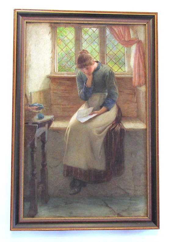William Harris Weatherhead (1843-1903) Cottage interior w/ Woman Reading Letter