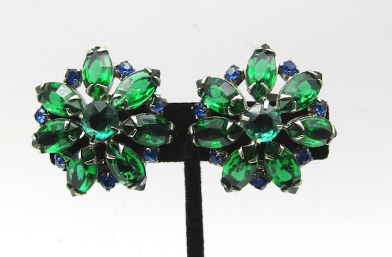 Vintage Green and Blue Rhinestone Clip-On Earrings