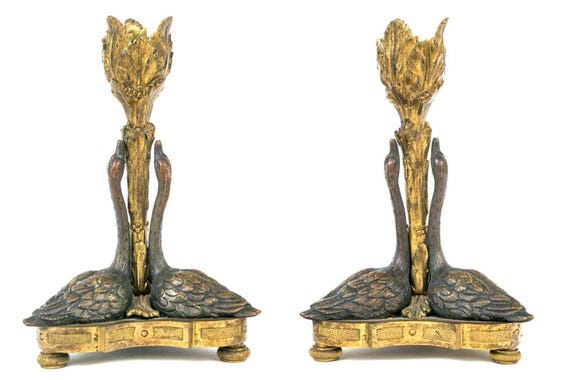 William IV Gilt Ormolu & Bronze Swan Candlesticks After William Bateman II