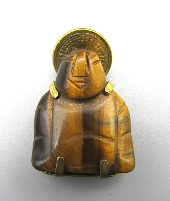 Vintage Carved Buddha Tiger Eye Gold Filled Pendant-Good Fortune Symbol on Back