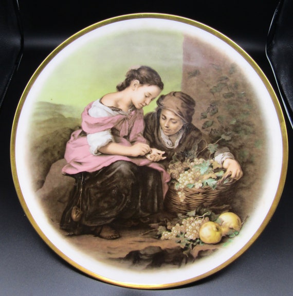 JkW Josef Kuba Cake Plate w/ Pedestal Two Women One Buying Fruit