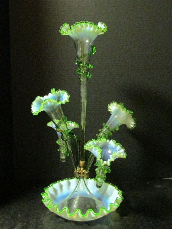 Victorian Epergne 5 Horn Vase w/ Rigoree Vaseline Epergne Centerpiece GLOWS RARE