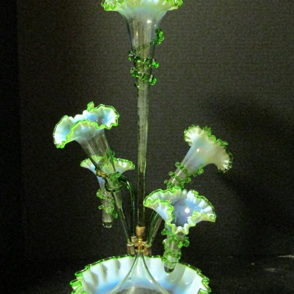 Victorian Epergne 5 Horn Vase w/ Rigoree Vaseline Epergne Centerpiece GLOWS RARE