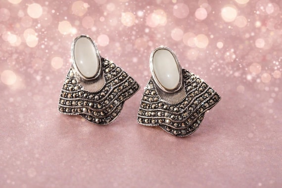 Vintage Art Deco Revival 9.25 Silver Mother of Pearl & Marcasite Stud Earrings
