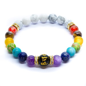Dubbele witte chakra-armband met betekeniskaart. Natuurlijke kristalgenezende sieraden. Mandala-armband, yoga-armband, meditatiebedel.