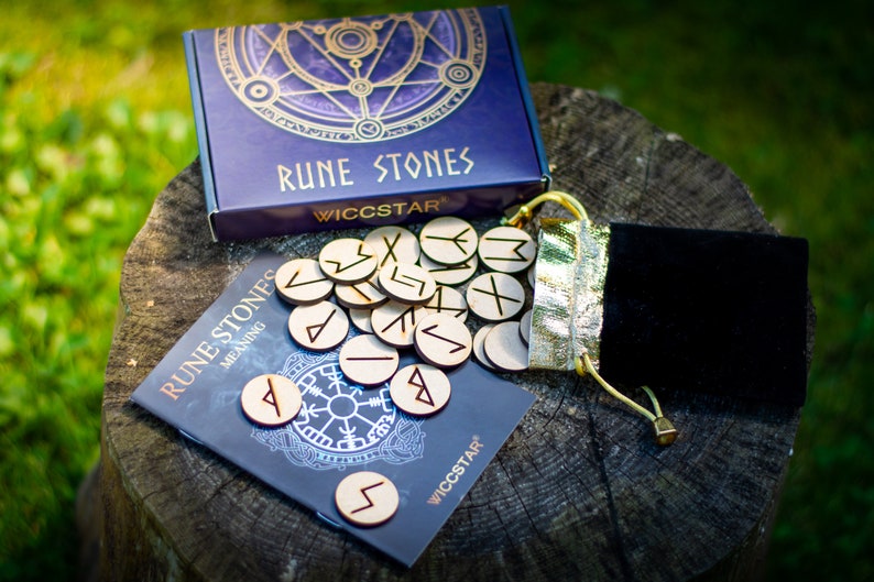 Wooden Rune Stone Bag Set With Layout & Meaning Booklet. Futhark Runes ...