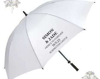 White Wedding Umbrella Personalised and Custom Printed with Bride & Groom's Names