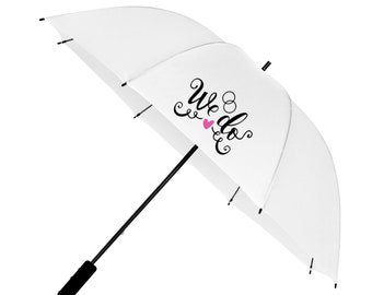 Large White Wedding Umbrella for Bride & Groom with ''We Do'' Design Print - Rain and Sun Cover